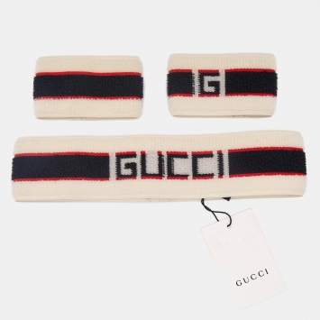 Gucci Beige Logo Stripe Sports Headband & Wristbands Set M