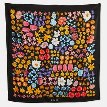 Gucci Black Flora Print Silk Scarf