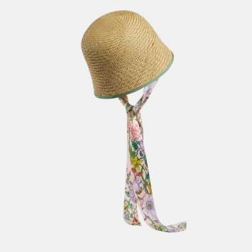 Pre Owned Gucci Brown Straw Ribbon Cloche Hat M