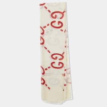 Pre Owned Gucci Cream & Red GG Ghost Print Modal & Silk Blend Scarf 