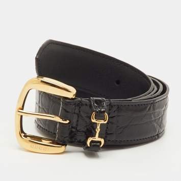 مملوكة مسبقًا Gucci Black Croc Embossed Leather Buckle Belt 85CM