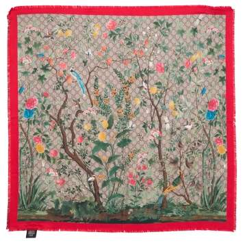 Pre Owned Gucci Red & Beige Tian Silk Square Scarf