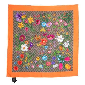 Pre Owned Gucci Orange GG Floral Print Silk Scarf