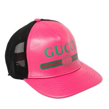Pre Owned Gucci Pink/Black Leather and Nylon Logo Baseball Cap S