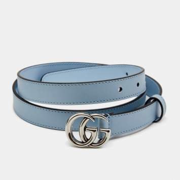 Pre Owned Gucci Blue Leather GG Marmont Buckle Slim Belt 95 CM