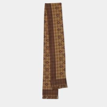 Pre Owned Gucci Beige & Brown Printed Cotton Fringed Scarf