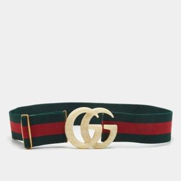 Pre Owned Gucci Green/Red Elastic Web Double G Buckle Belt 85CM