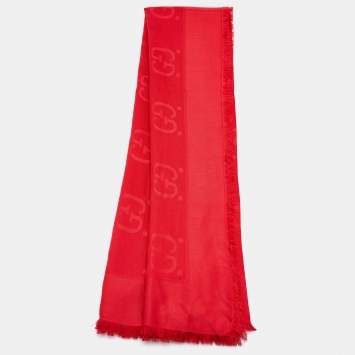 Pre Owned Gucci Red Logo Jacquard Silk & Wool Scarf
