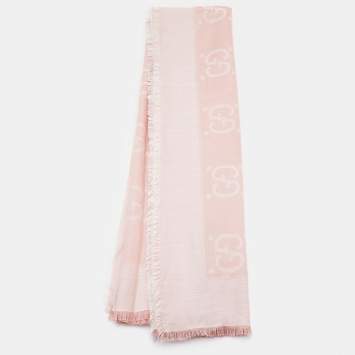 Pre Owned Gucci Light Pink Logo Lame jacquard Silk & Wool Scarf