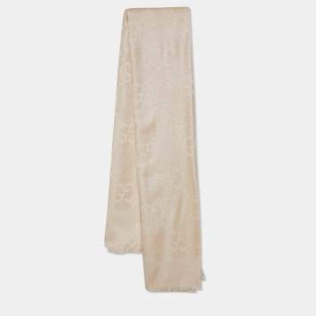 Pre Owned Gucci Cream Lamé Logo Jacquard Square Scarf