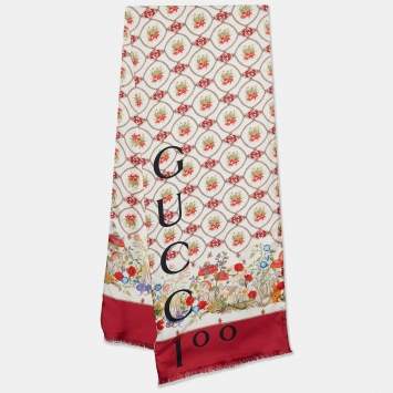 Pre Owned Gucci 100 Cream/Red Silk Monogram Floral Print Stole