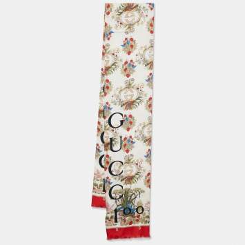 Pre Owned Gucci 100 Cream/Red year of Tiger Printed Silk Stole