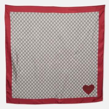 Pre Owned Gucci Red & Beige Monogram Printed Silk Square Scarf