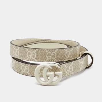Pre Owned Gucci White GG Supreme Canvas and Leather Double G Slim Belt 100CM