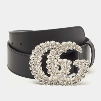 Pre Owned Gucci Black Leather Crystal Double G Buckle Belt 75CM