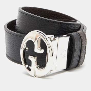 Pre Owned Gucci Black/Brown Leather Interlocking G Reversible Buckle Belt 85CM