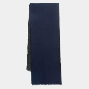 Pre Owned Gucci Navy Blue/Grey GG Jacquard Wool Lonar Reversible Scarf