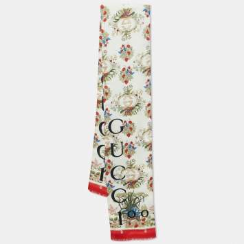 Pre Owned Gucci 100 Cream Flora Printed Silk Stole