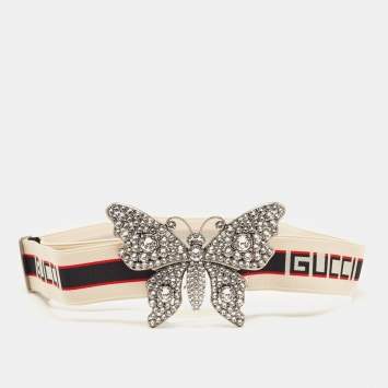 Pre Owned Gucci White Elastic Band Crystals Embellished Butterfly Waist Belt 80CM