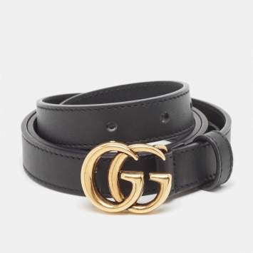 Pre Owned Gucci Black Leather Double G Buckle Slim Belt 85 CM
