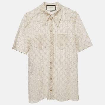 Pre Owned Gucci Beige Macrame Lace Sheer Shirt M