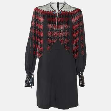 Pre Owned Gucci Black Crepe Diamond Bead Fringed Mini Dress M