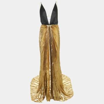 Gucci Metallic Gold Satin Silk and Lame Plisse Harness Detail Gown L