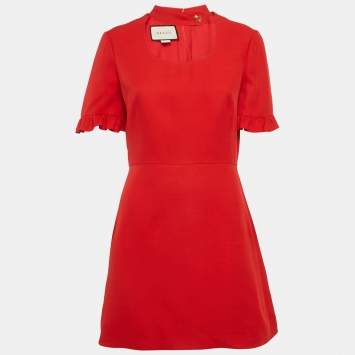 Gucci Red Silk and Wool Detachable Collar Ruffled Mini Dress M