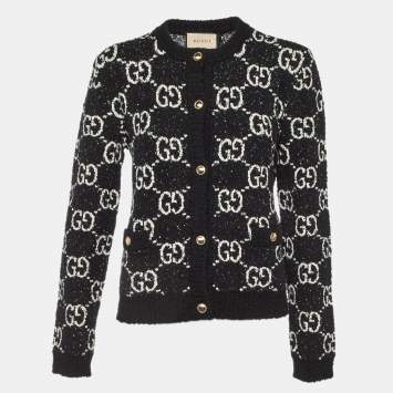 Pre Owned Gucci Black GG Jacquard Knit Button Front Cardigan L