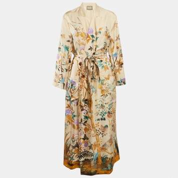 Pre Owned Gucci Beige Tian Print Silk Robe Long Dress L