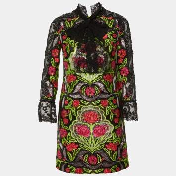 Gucci Black Floral Brocade & Lace Mini Dress S