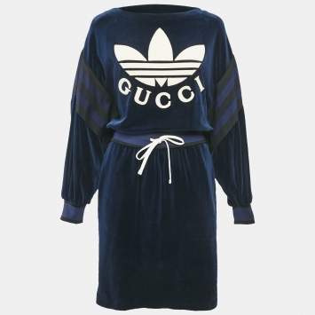 Gucci Navy Blue Velour Logo Applique Detail Short Dress S
