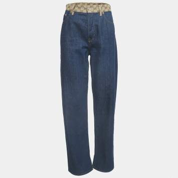 Pre Owned Gucci Blue Denim GG Jacquard Waist Detail Low Waist Jeans M Waist 28"