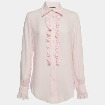 Pre Owned Gucci Pink Monogram Jacquard Silk Ruffled Long Sleeve Blouse S