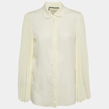 Gucci Cream Chiffon Plisse Sleeve Blouse M