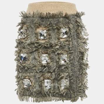 Gucci Beige Fringed Wool Heavy Crystal Embellished Mini Skirt XS