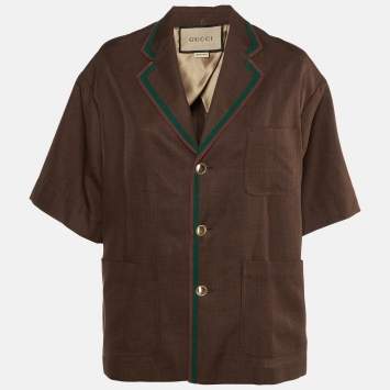 Gucci Brown Web Stripe Linen Blend Bowling Shirt S