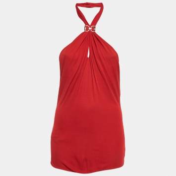 Gucci Red Horsebit Detail Crepe Jersey Halter Neck Top L