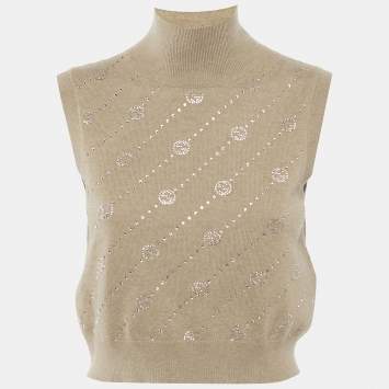 Gucci Brown Studded Cashmere Knit Sleeveless High Neck Top S