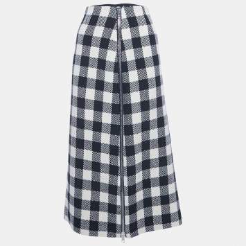 Pre Owned Gucci Monochrome Checker Pattern Wool Side Zip Detail Maxi Skirt M