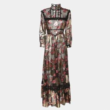 مملوكة مسبقًا Gucci Gold/Pink Flora Pattern Tulle and Lace Trim Belted Maxi Dress S