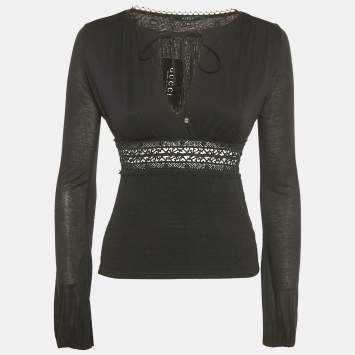 Pre Owned Gucci Black Lace Trim Jersey Shirring Top XS