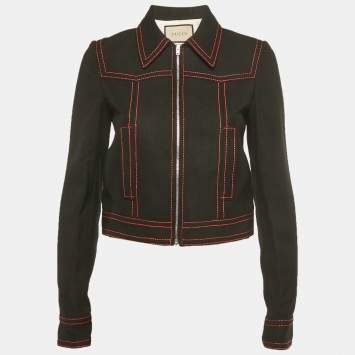 Pre Owned جاكيت غوتشي دينم أسود مزين بسحاب أمامي هويوود بابلون مقاس صغير جدًا - XS