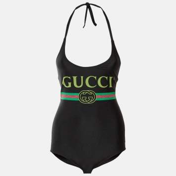 Pre Owned Gucci Black Logo Print Jersey Swimsuit XXS
