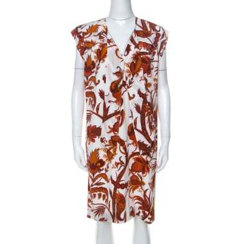 Pre Owned Gucci Whte & Orange Paisley Print Silk Shift Dress M