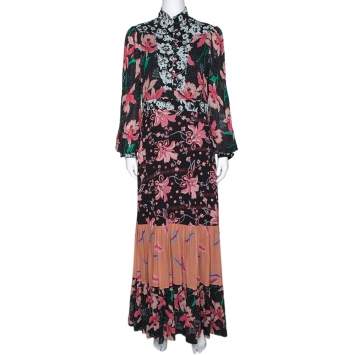 Pre Owned Gucci Black Floral Print Crepe Flared Maxi Dress M