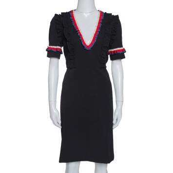 Pre Owned Gucci Black Jersey Web Trim Ruffled Sheath Dress L