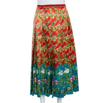 Pre Owned Gucci Multicolor Floral  Pleated Silk  Skirt M