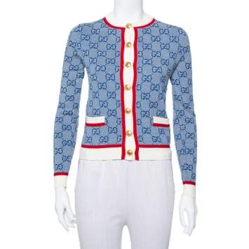Pre Owned Gucci Blue Wool Logo Intarsia Knit  Button Front Cardigan XXS