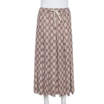 Pre Owned Gucci Beige Guccissima Printed Knit Pleated Midi Skirt XS